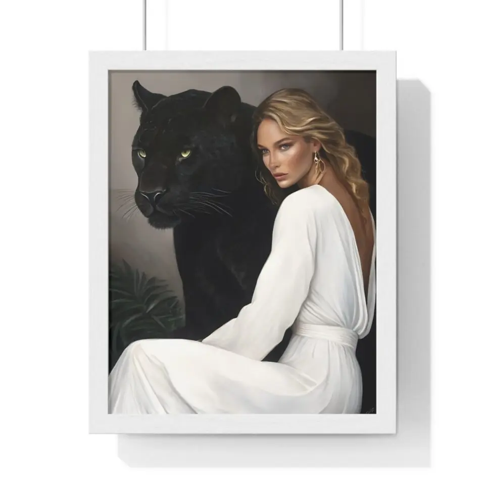 Elegant Panther & Model Art Print - Vertical Framed Poster for Home Decor